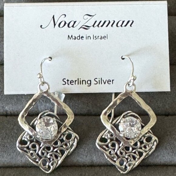 Noa Zuman Sterling Silver 925 Earrings Filigree w CZ Stone Israel 1.5in long - Picture 15 of 15